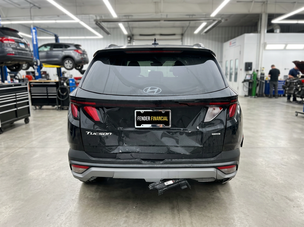 Technician inspecting damage to a vehicle bumper at an autobody shop